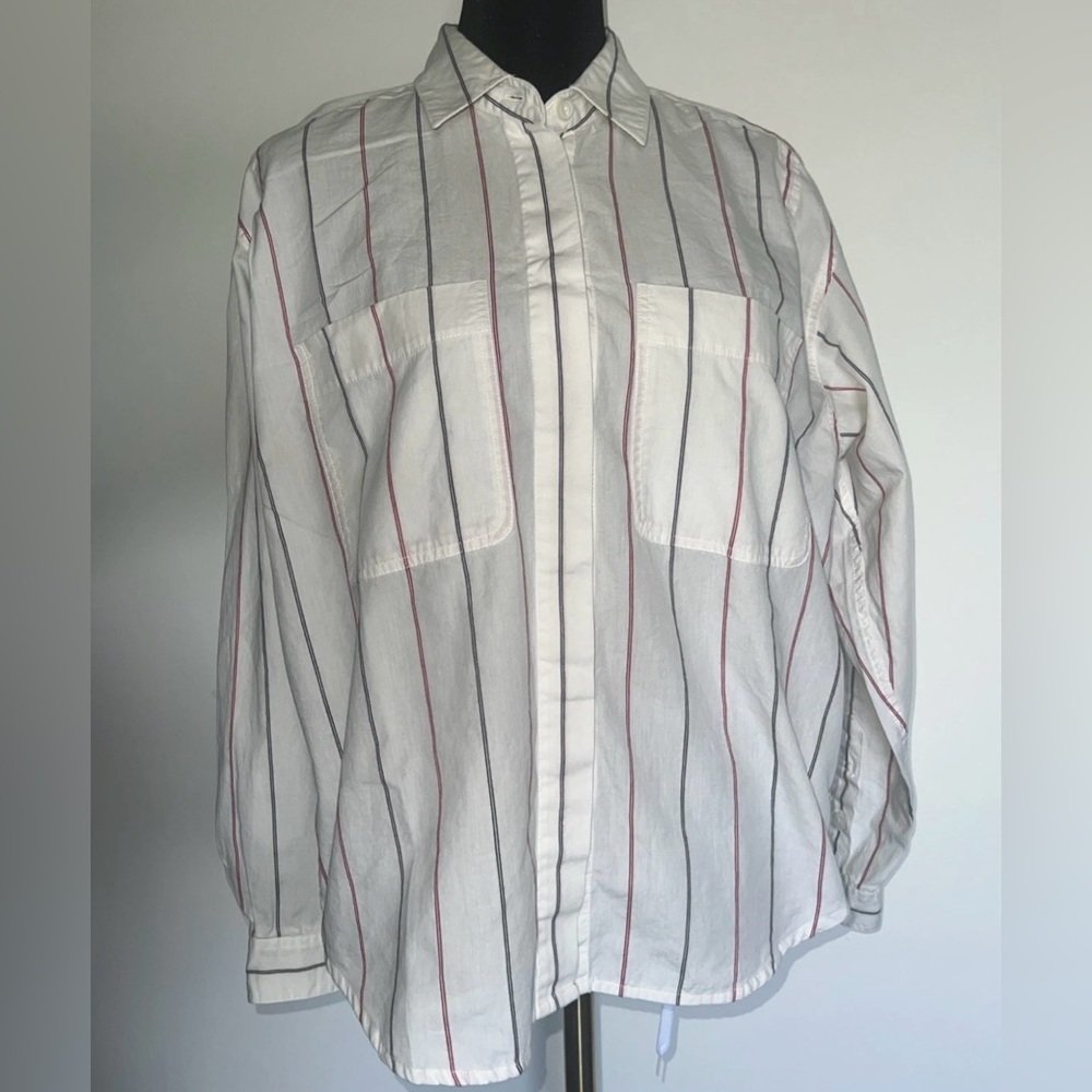 Classic Striped Button Down Shirt - White, Gray, and Pink Size Small Petite